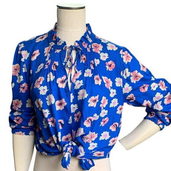 Lucky Brand Floral V-Neck/Tie-Neck Top Slit Shoulder Sz M Blue Pink 52G - Picture 6 of 12